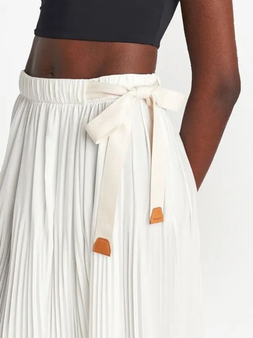 Prada White Pleated Midi Skirt with Cream Tie